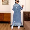 Women's Ripped Out Distressed Washed Long Blue Denim Jacket Trench Coat