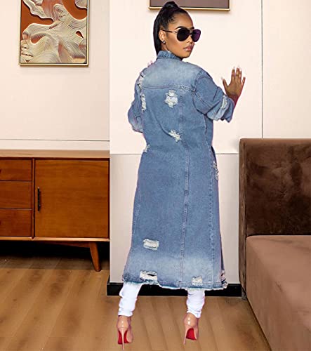 Women's Ripped Out Distressed Washed Long Blue Denim Jacket Trench Coat