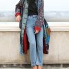 Women’s Flower Patchwork Coat Cotton Linen Trench Coat Women Jacket Vintage Boho Long Overcoat with Pockets