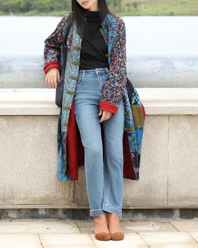 Women’s Flower Patchwork Coat Cotton Linen Trench Coat Women Jacket Vintage Boho Long Overcoat with Pockets