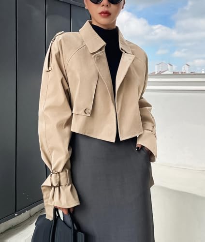 Women's Cropped Trench Coat Long Sleeve Casual Jacket Classic Double-Breasted Lapel Overcoat Fashion Outerwear