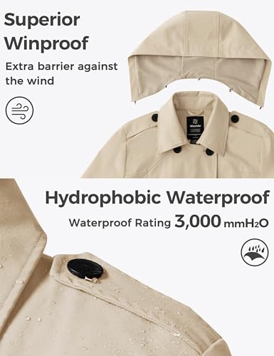 Women's Plus Size Trench Coat Double-Breasted Waterproof Lapel Overcoat Stylish Pea Coat with Detachable Hood