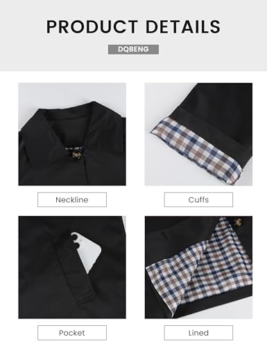 Womens Cropped Trench Coat Classic Collar Oversized Casual Jackets with Checkered Lining (Black-L)