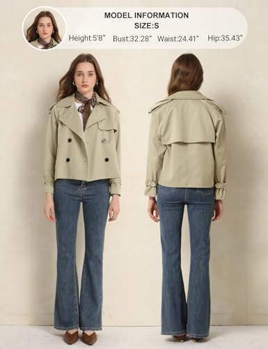 Women's Fall Cropped Trench Coat Double Breasted Casual Trendy Work Office Travel Short Jackets Outerwear with Pocket