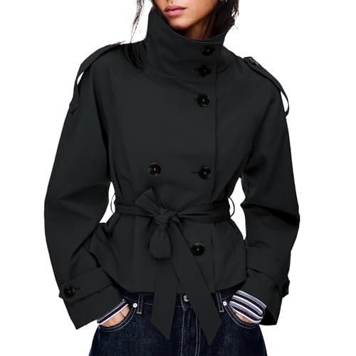 Women's Cropped Trench Coat Double Breasted Short Jacket High Collar Fall Winter Coats Trendy Outfit with Belt