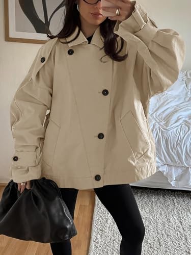 Womens Trench Coat Single Breasted Lapel Casual Oversized Coats Short Jacket Fall Outerwear