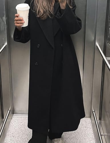 Women's Notched Collar Wool Blend Pea Coat Winter Double Breasted Trench Coat Long Oversized Button Down Overcoats