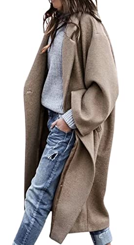 Women's Oversized Notched Collar Wool Blend Single Breast Midi Long Trench Coat