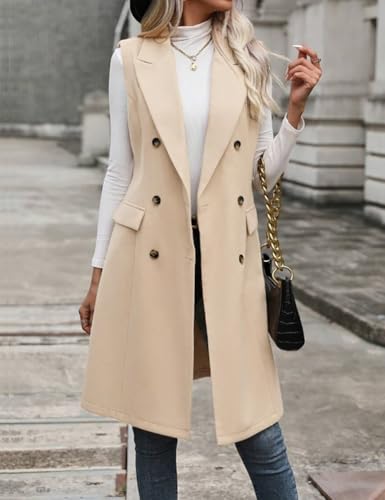 Womens Long Wool Vest Fall Winter Sleeveless Blazer Jackets Trench Coat Outerwear Tops