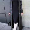 Womens Long Leather Jacket Long Sleeve Single Breasted Faux Leather Trench Coat Mid Length Motorcycle Coats