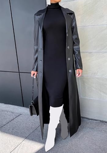 Womens Long Leather Jacket Long Sleeve Single Breasted Faux Leather Trench Coat Mid Length Motorcycle Coats