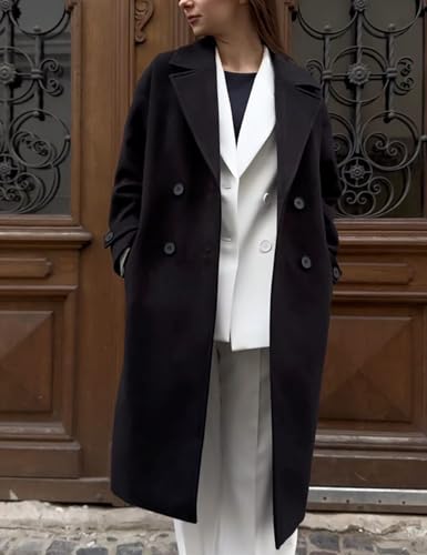 Women's Notched Collar Wool Blend Pea Coat Winter Double Breasted Trench Coat Long Oversized Button Down Overcoats
