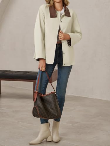 Womens Trench Coat Oversized Fall Barn Jacket Leather Collar Plaid Color Block Windproof Overcoat