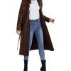Women's Faux Leather Trench Coat Notched Lapel PU Leather Long Coat Open Front Motorcycle Belted Maxi Jacket
