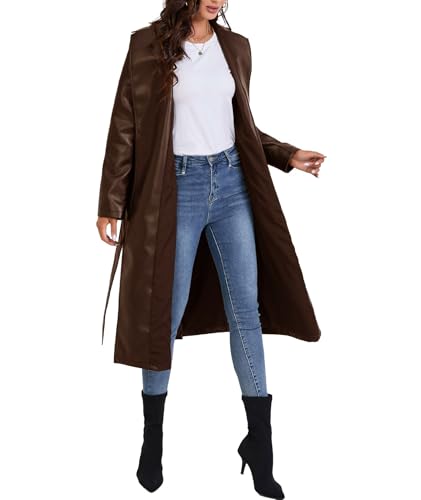 Women's Faux Leather Trench Coat Notched Lapel PU Leather Long Coat Open Front Motorcycle Belted Maxi Jacket