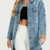 Long Denim Jacket Women Oversized Distressed Midi Jean Jackets Fall Loose Trench Coat Trendy