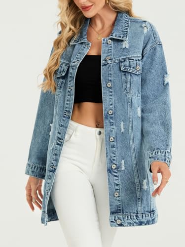 Long Denim Jacket Women Oversized Distressed Midi Jean Jackets Fall Loose Trench Coat Trendy