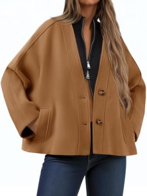 Womens Cropped Wool Blend Pea Coat Casual V Neck Button Down Short Jackets Fall Shackts with Pockets