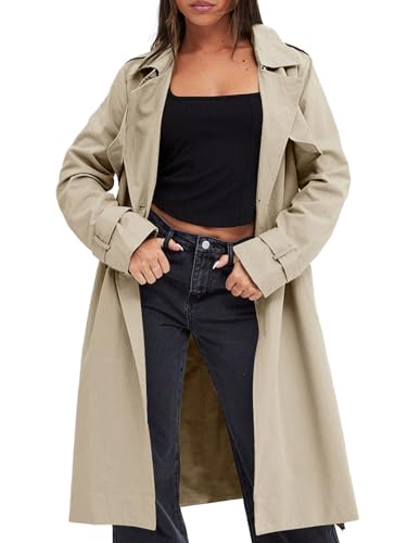 Women's Double Breasted Trench Coats Causal Windproof Long Lapel Pocketed Overcoat with Belt