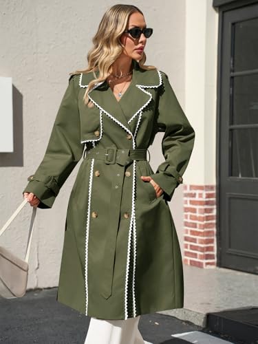 Womens Long Trench Coat Casual Double Breasted Windproof Jacket Classic Lapel Overcoat with Belt