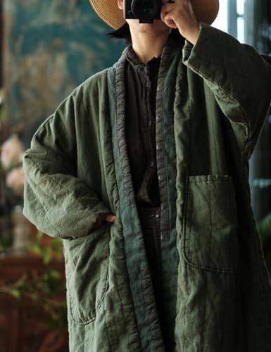 Women's Quilted Knee Length Coat Open Front Kimono Style Jacket Handmade Threading Outwear for Winter
