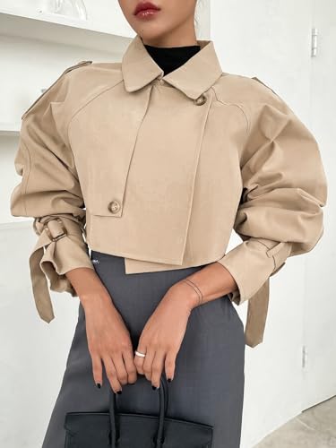 Women's Cropped Trench Coat Long Sleeve Casual Jacket Classic Double-Breasted Lapel Overcoat Fashion Outerwear