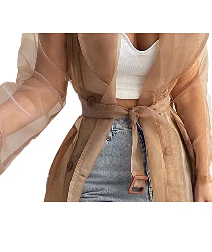Women's Sheer Mesh Long Sleeve Jacket Summer See Through Belted Button Down Lightweight Cardigan