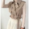 Women's Sleeveless Cropped Trench Coat with Belted Lapel Collar Vest Coat