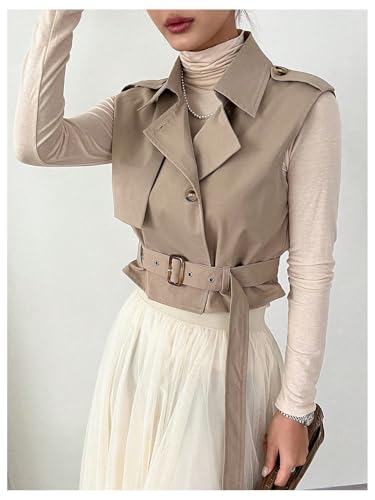 Women's Sleeveless Cropped Trench Coat with Belted Lapel Collar Vest Coat