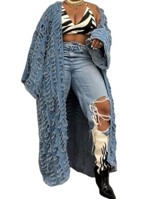 Women's Oversized Ripped Denim Long Cardigan Distressed Hollow Open Front Kimono Robe Duster Jean Jacket Coat