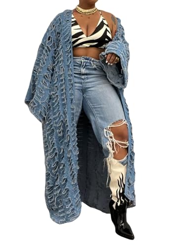 Women's Oversized Ripped Denim Long Cardigan Distressed Hollow Open Front Kimono Robe Duster Jean Jacket Coat