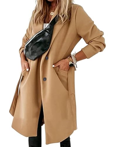 Women's Double Breasted Wool Blend Coat Winter Notched Lapel Belted Peacoat Mid Long Jacket