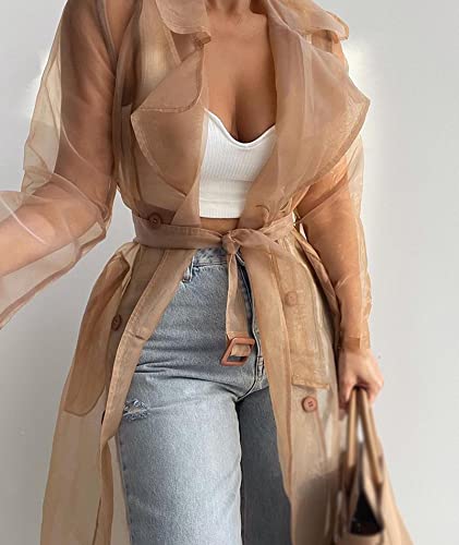 Women's Sheer Mesh Long Sleeve Jacket Summer See Through Belted Button Down Lightweight Cardigan