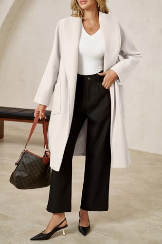 Womens Open Front Pea Coats Classic Lapel Long Trench Coats Loose Fall Winter Outwear with Pockets