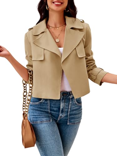 Womens Cropped Trench Coat Casual Long Sleeve Notched Lapel Blazer Jacket