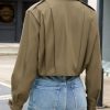 Women's Cropped Trench Coat Casual Long Sleeve Button Down Lapel Short Pleated Jacket Fall Fashion Outerwear