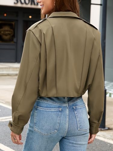 Women's Cropped Trench Coat Casual Long Sleeve Button Down Lapel Short Pleated Jacket Fall Fashion Outerwear