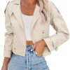 Womens Lapel Trench Coat Double Breasted Cropped Jacket Casual Outwear with Belt