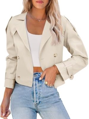 Womens Lapel Trench Coat Double Breasted Cropped Jacket Casual Outwear with Belt
