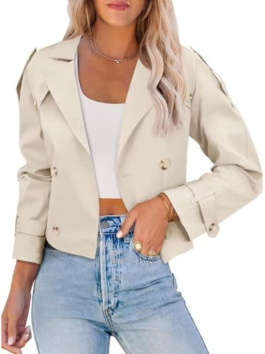 Womens Lapel Trench Coat Double Breasted Cropped Jacket Casual Outwear with Belt