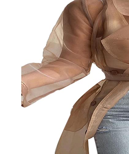 Women's Sheer Mesh Long Sleeve Jacket Summer See Through Belted Button Down Lightweight Cardigan
