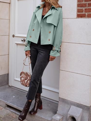 Womens Cropped Trench Coat Oversized Double Breasted Lapel Long Sleeve Short Jacket Fashion Outerwear