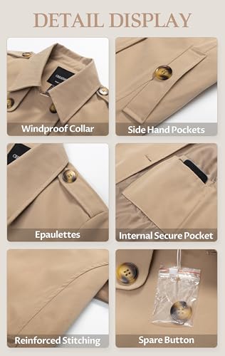 Women's Cropped Trench Coat Classic Double Breasted Lapel Jacket Water Repellent Outerwear