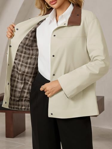 Womens Trench Coat Oversized Fall Barn Jacket Leather Collar Plaid Color Block Windproof Overcoat