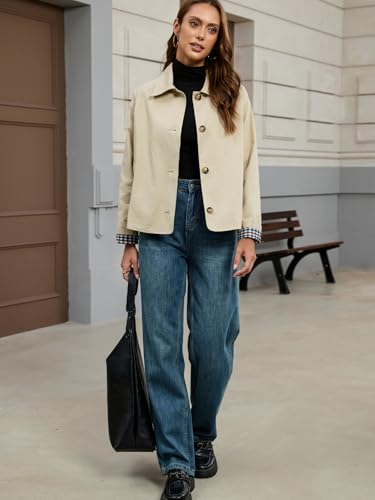 Womens Cropped Trench Coat Single Breasted Classic Lapel Overcoat Plaid Lined Oversized Outerwear