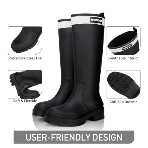 Rain Boots for Women, Waterproof Rubber Garden Boots Durable Slip Resistant Muck Boots,Tall Water Fishing Shoes Comfort Knee