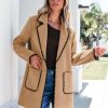 Pea Coats for Women Trendy Embroidered Contrast Trim Long Peacoat Jackets Lapel Button Winter Coat with Pockets
