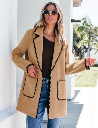 Pea Coats for Women Trendy Embroidered Contrast Trim Long Peacoat Jackets Lapel Button Winter Coat with Pockets