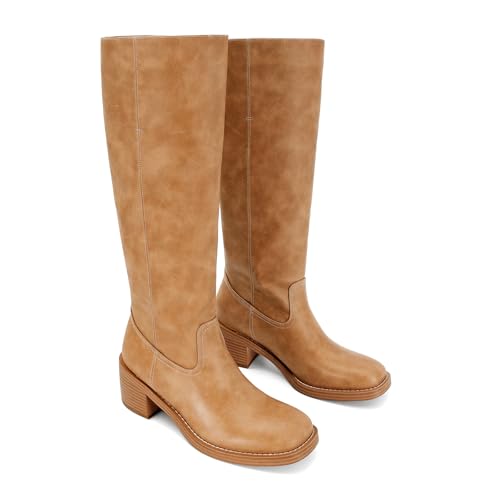 Women's Banana Knee High Boots Square Toe Chunky Block Heel Tall Boots Wide Calf Fashion Comfortable Casual Pull on Long Boots