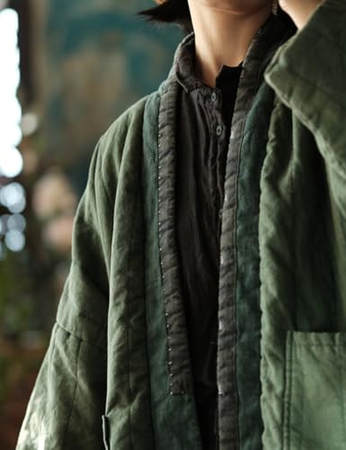Women's Quilted Knee Length Coat Open Front Kimono Style Jacket Handmade Threading Outwear for Winter